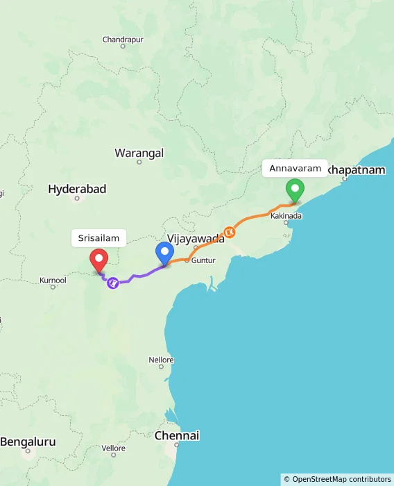 Route map showing distance and travel time from Annavaram, India to Srisailam, India