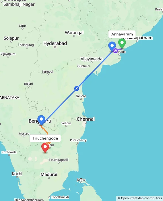 Route map showing distance and travel time from Annavaram, India to Tiruchengode, India