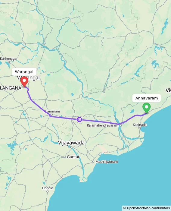 Route map showing distance and travel time from Annavaram, India to Warangal, India