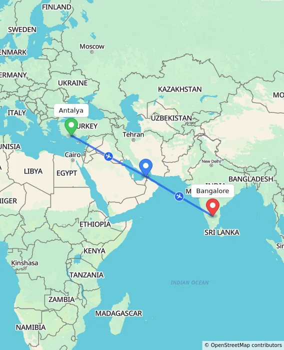 Route map showing distance and travel time from Antalya, Turkey to Bangalore, India