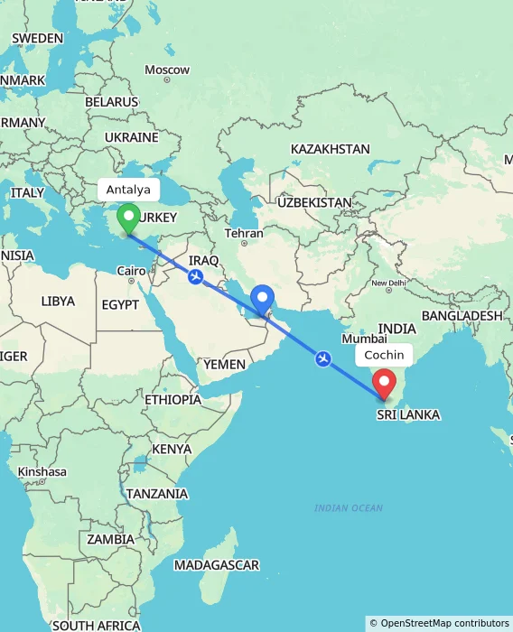 Route map showing distance and travel time from Antalya, Turkey to Cochin, India