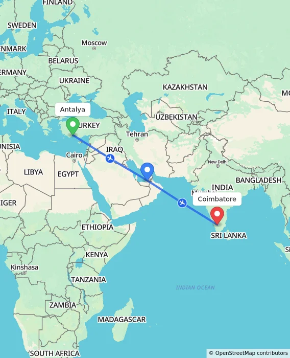 Route map showing distance and travel time from Antalya, Turkey to Coimbatore, India