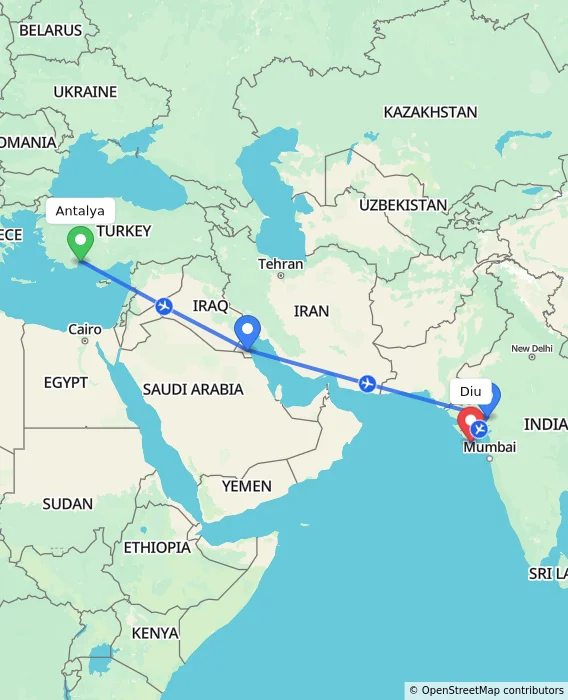 Route map showing distance and travel time from Antalya, Turkey to Diu, India