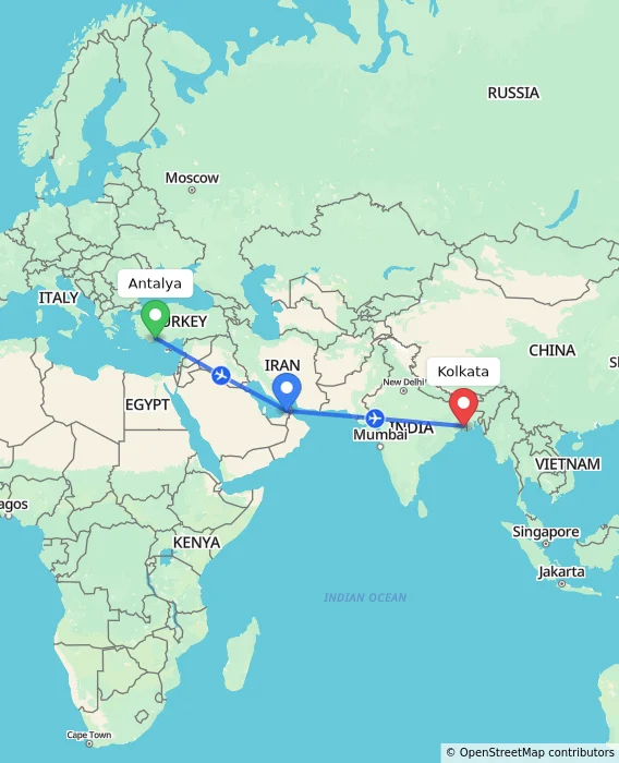 Route map showing distance and travel time from Antalya, Turkey to Kolkata, India