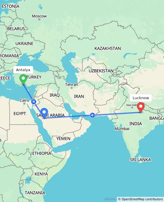 Route map showing distance and travel time from Antalya, Turkey to Lucknow, India