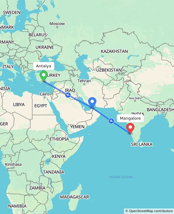 Route map showing distance and travel time from Antalya, Turkey to Mangalore, India