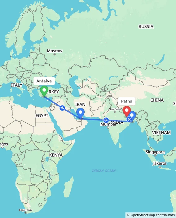 Route map showing distance and travel time from Antalya, Turkey to Patna, India