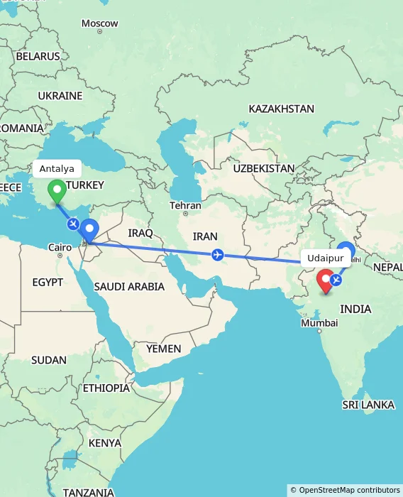 Route map showing distance and travel time from Antalya, Turkey to Udaipur, India