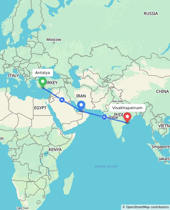 Route map showing distance and travel time from Antalya, Turkey to Visakhapatnam, India
