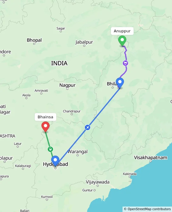 Route map showing distance and travel time from Anuppur, India to Bhainsa, India
