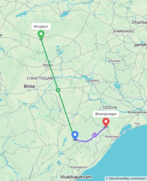 Route map showing distance and travel time from Anuppur, India to Bhanjanagar, India