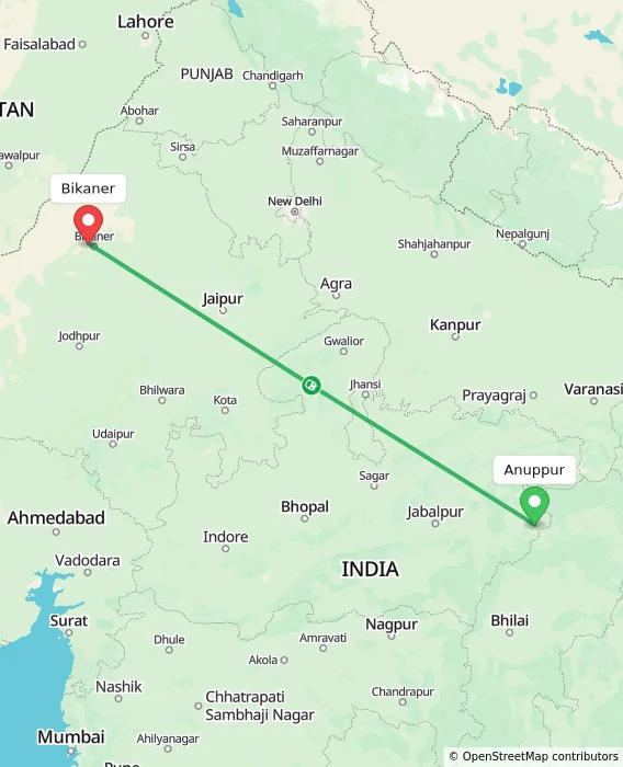 Route map showing distance and travel time from Anuppur, India to Bikaner, India