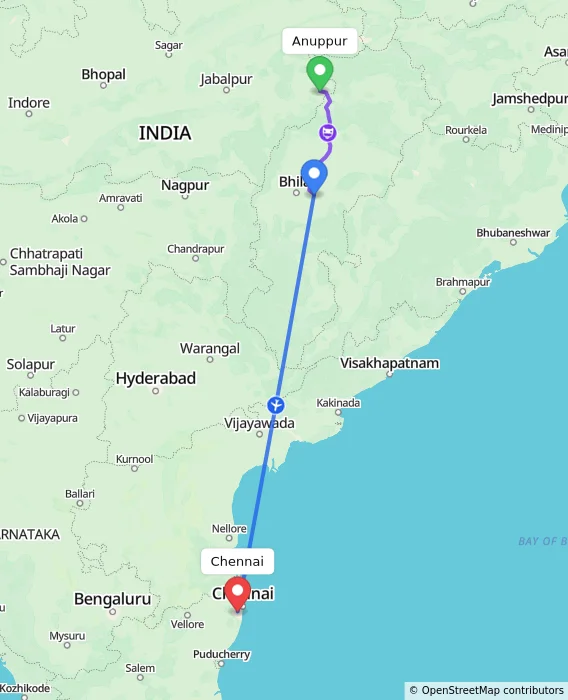 Route map showing distance and travel time from Anuppur, India to Chennai, India