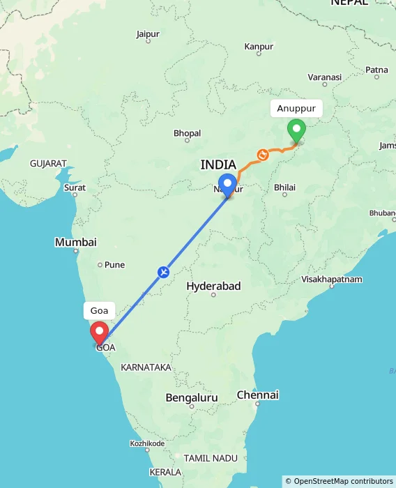 Route map showing distance and travel time from Anuppur, India to Goa, India
