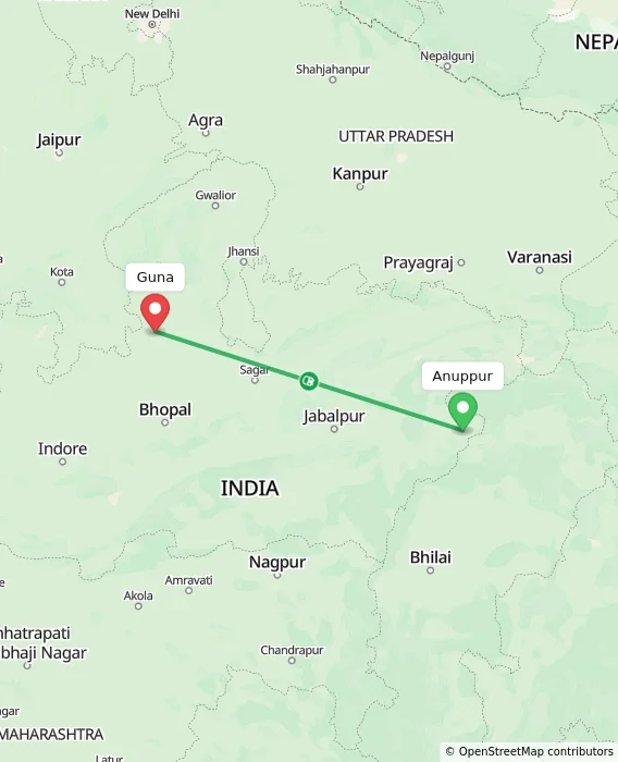 Route map showing distance and travel time from Anuppur, India to Guna, India