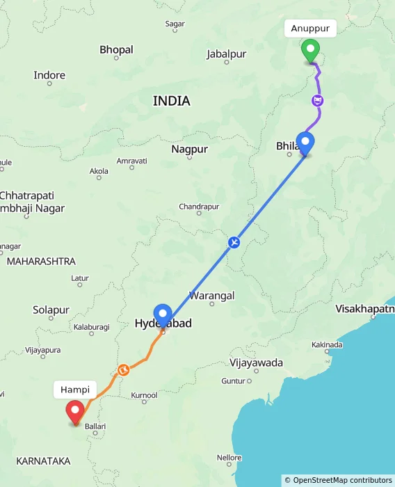 Route map showing distance and travel time from Anuppur, India to Hampi, India