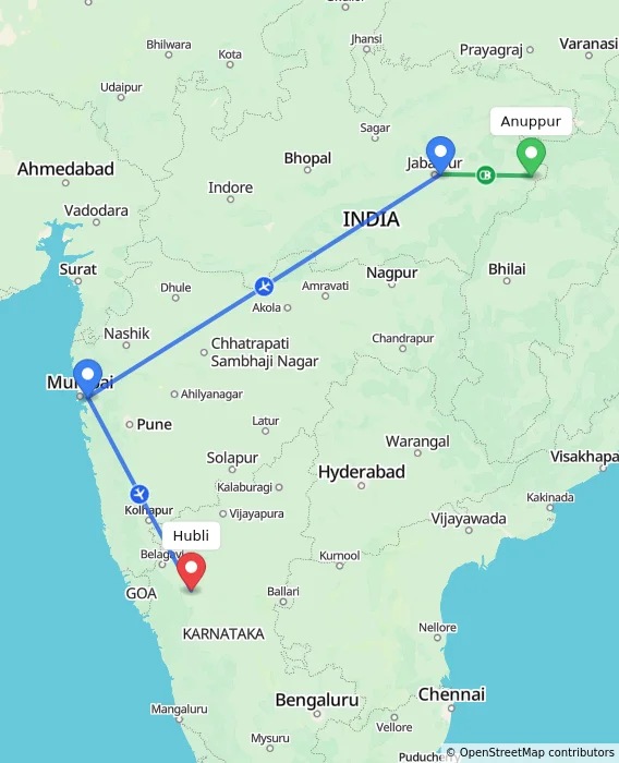 Route map showing distance and travel time from Anuppur, India to Hubli, India