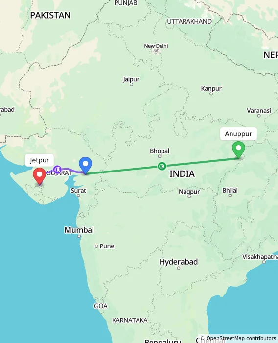 Route map showing distance and travel time from Anuppur, India to Jetpur, India