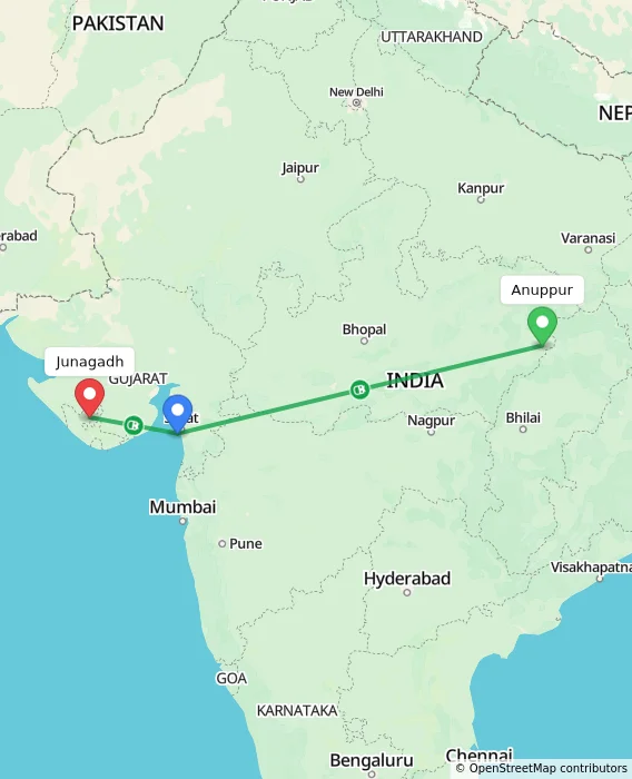 Route map showing distance and travel time from Anuppur, India to Junagadh, India