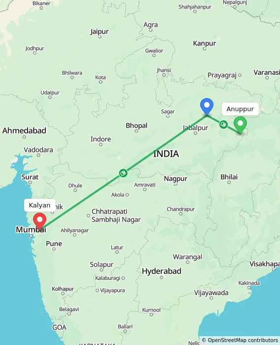 Route map showing distance and travel time from Anuppur, India to Kalyan, India
