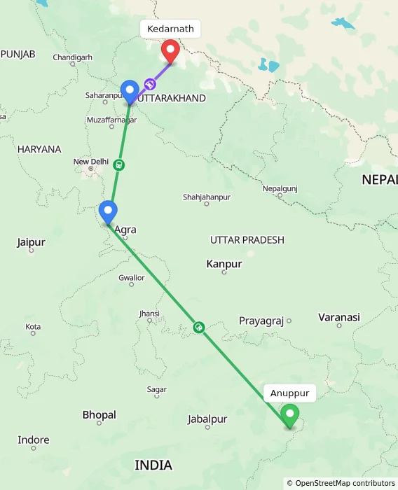 Route map showing distance and travel time from Anuppur, India to Kedarnath, India