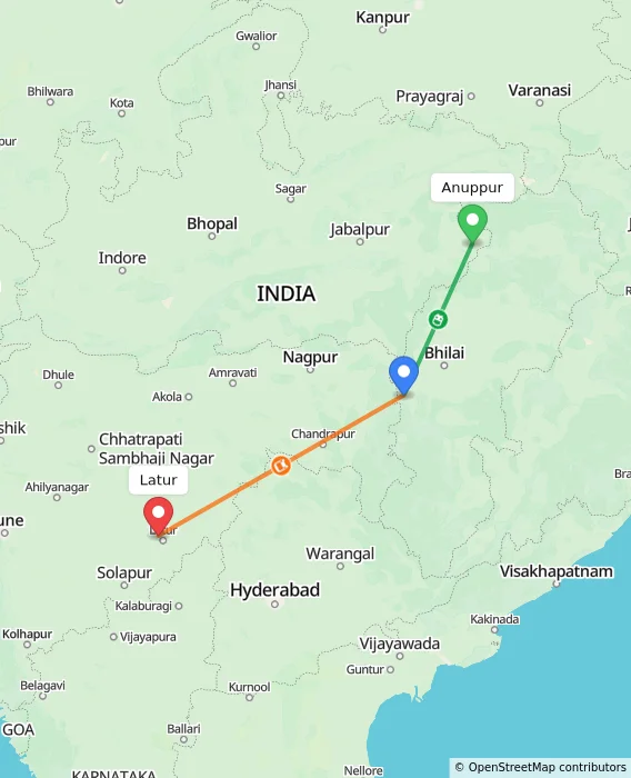 Route map showing distance and travel time from Anuppur, India to Latur, India