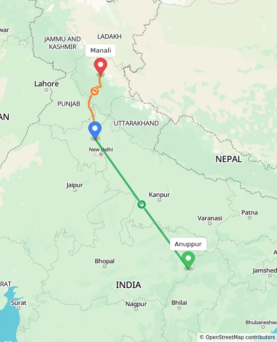 Route map showing distance and travel time from Anuppur, India to Manali, India