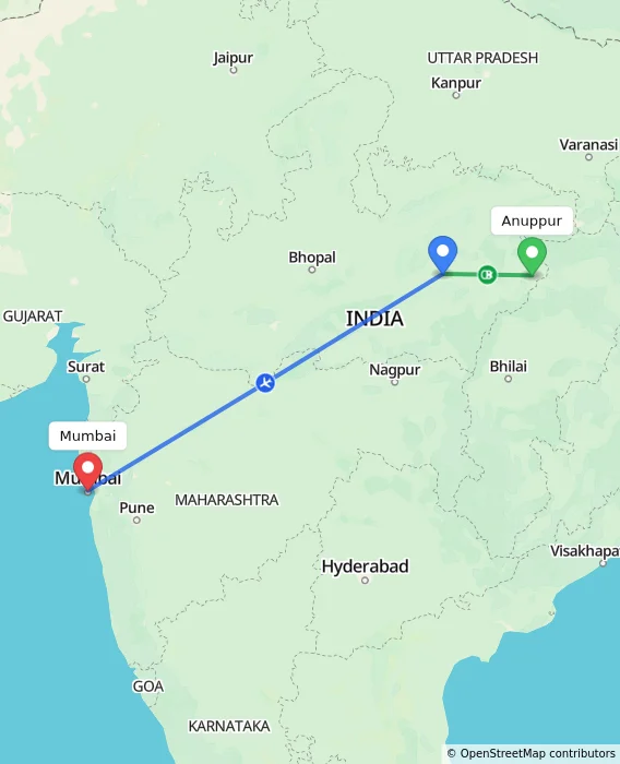 Route map showing distance and travel time from Anuppur, India to Mumbai, India