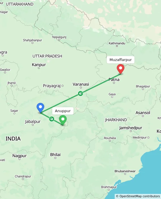 Route map showing distance and travel time from Anuppur, India to Muzaffarpur, India
