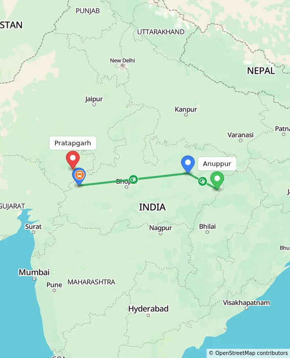 Route map showing distance and travel time from Anuppur, India to Pratapgarh, India