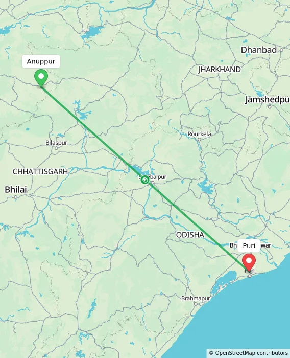 Route map showing distance and travel time from Anuppur, India to Puri, India