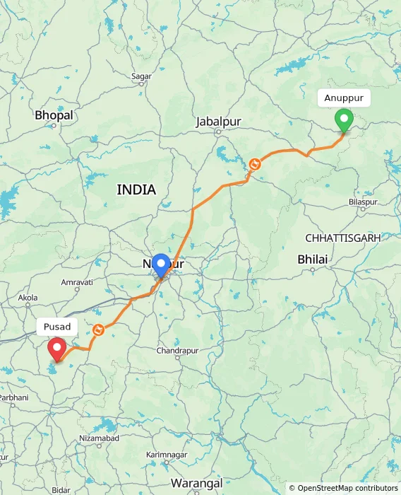 Route map showing distance and travel time from Anuppur, India to Pusad, India