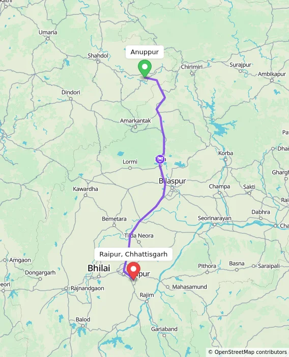 Route map showing distance and travel time from Anuppur, India to Raipur, Chhattisgarh, India