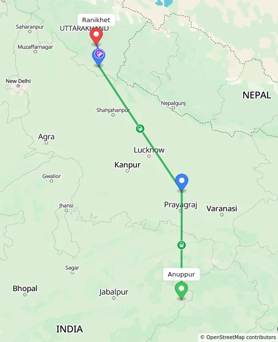 Route map showing distance and travel time from Anuppur, India to Ranikhet, India