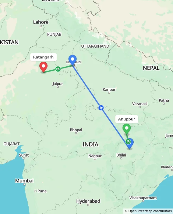 Route map showing distance and travel time from Anuppur, India to Ratangarh, India