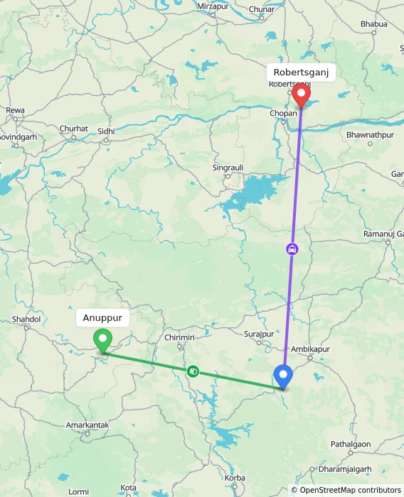 Route map showing distance and travel time from Anuppur, India to Robertsganj, India