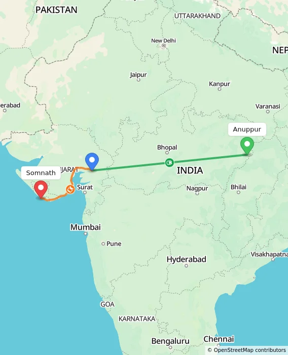 Route map showing distance and travel time from Anuppur, India to Somnath, India
