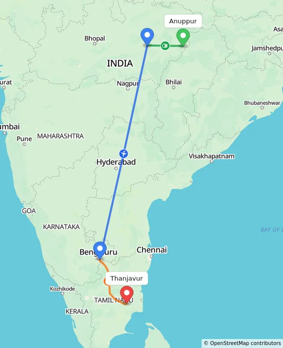 Route map showing distance and travel time from Anuppur, India to Thanjavur, India