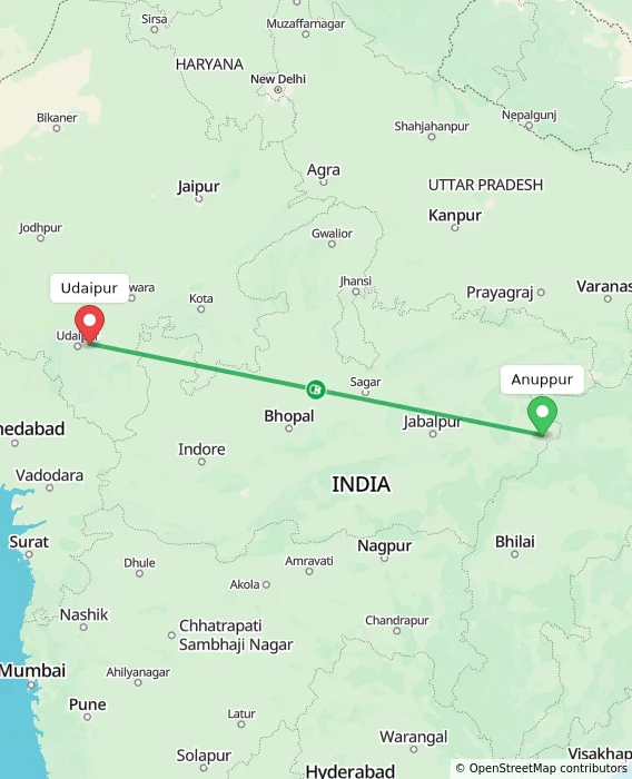 Route map showing distance and travel time from Anuppur, India to Udaipur, India