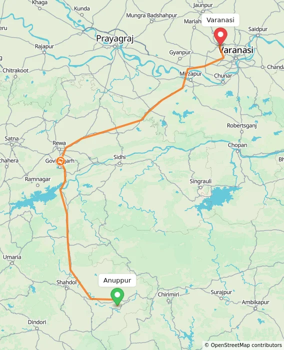 Route map showing distance and travel time from Anuppur, India to Varanasi, India