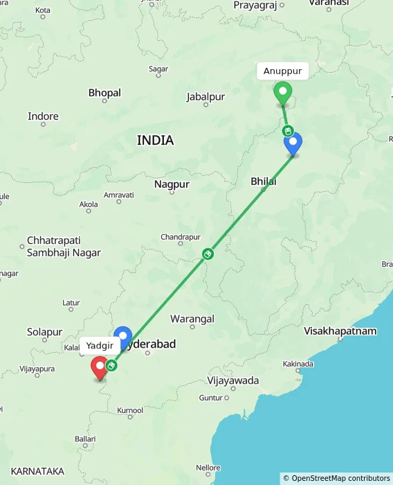 Route map showing distance and travel time from Anuppur, India to Yadgir, India