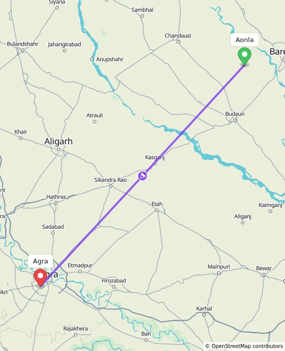 Route map showing distance and travel time from Aonla, India to Agra, India