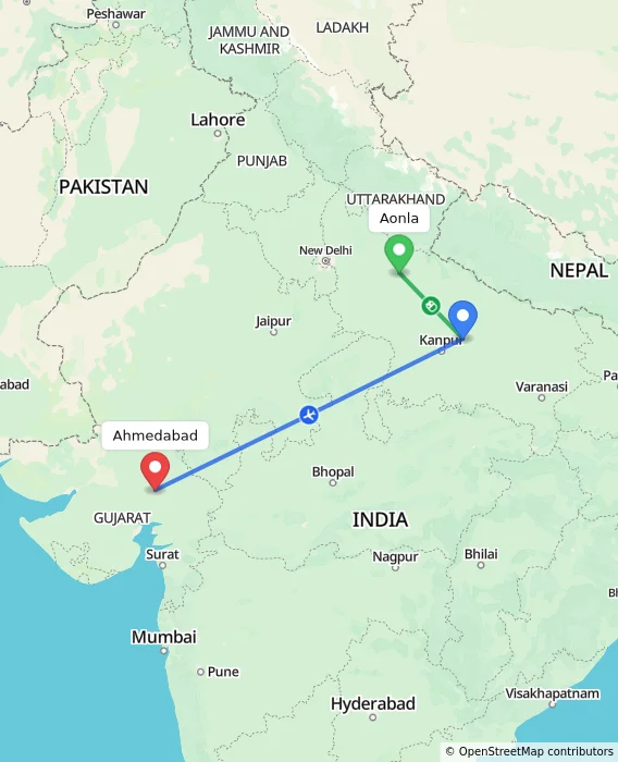 Route map showing distance and travel time from Aonla, India to Ahmedabad, India