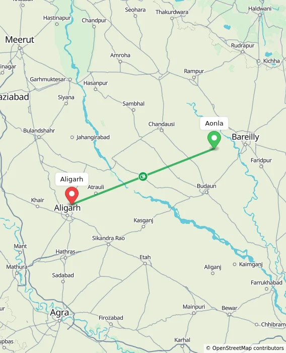 Route map showing distance and travel time from Aonla, India to Aligarh, India