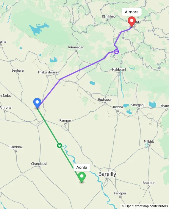 Route map showing distance and travel time from Aonla, India to Almora, India