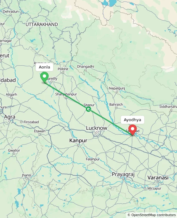 Route map showing distance and travel time from Aonla, India to Ayodhya, India