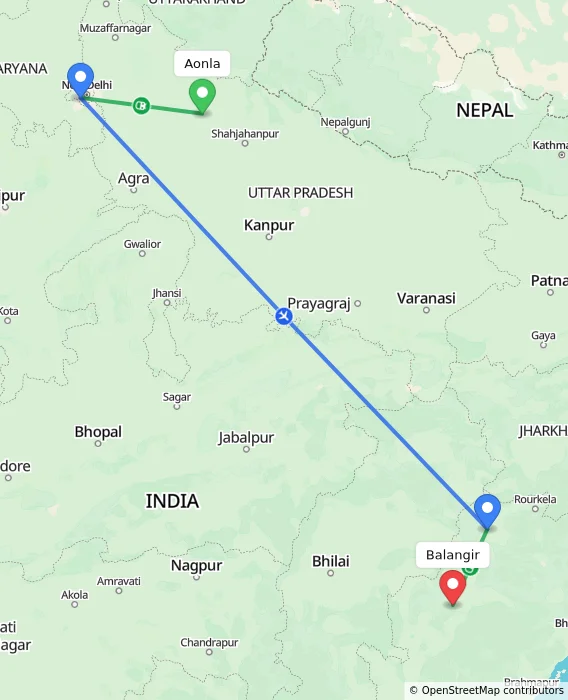 Route map showing distance and travel time from Aonla, India to Balangir, India