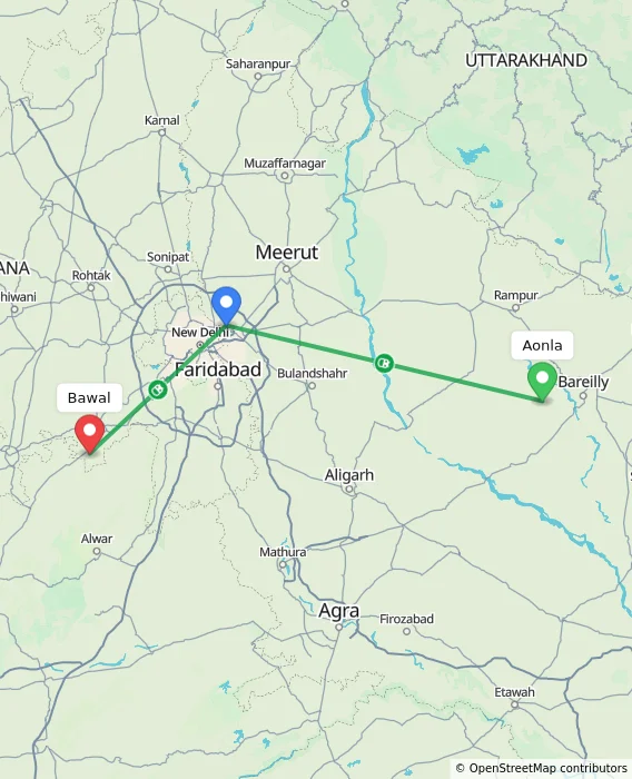 Route map showing distance and travel time from Aonla, India to Bawal, India