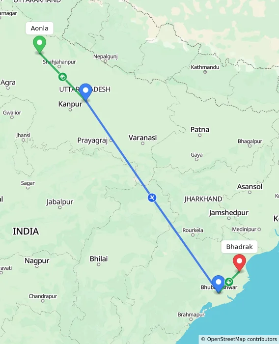 Route map showing distance and travel time from Aonla, India to Bhadrak, India