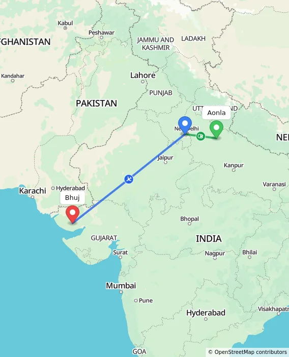 Route map showing distance and travel time from Aonla, India to Bhuj, India